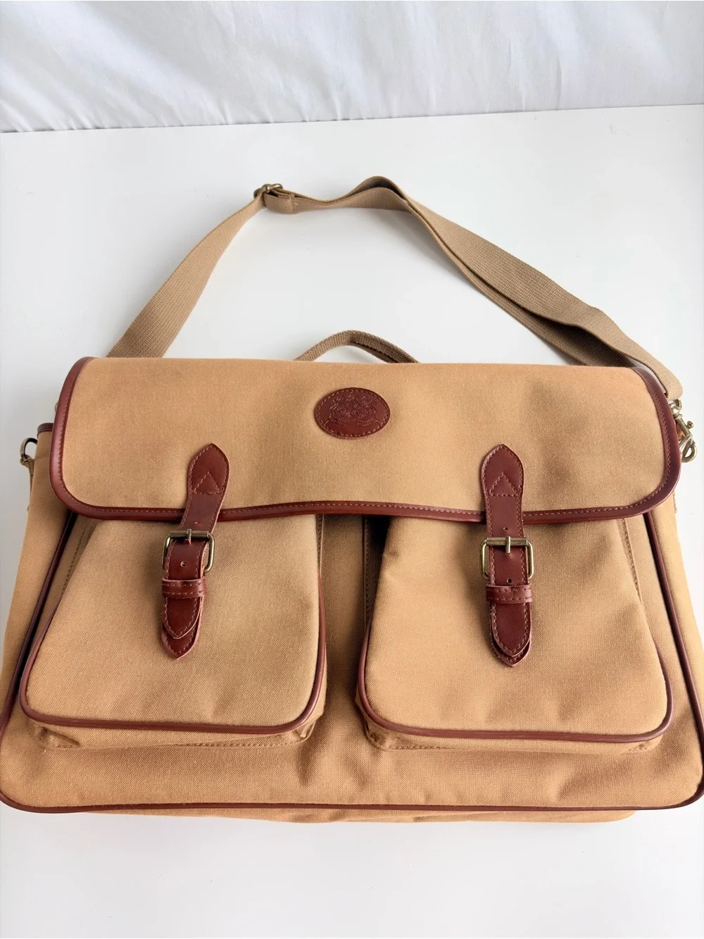 Messenger Safari Bag Tan Canvas Brown Leatherette Straps